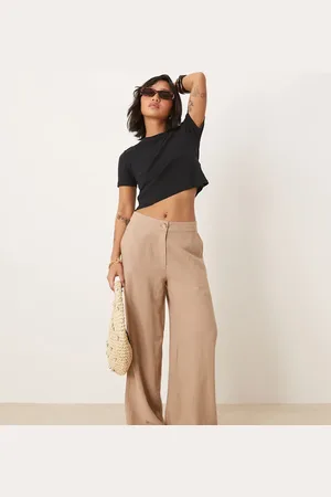 ASOS Pantalones color moca de pernera recta holgada de mezcla de lino de Petite-Marrón