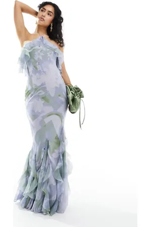 ASOS Vestido largo de corte al bies con cuello halter, estampado floral en tonos pastel y volantes en el bajo de -Multicolor