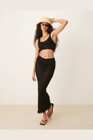 ASOS Falda playera larga negra con flecos de punto de