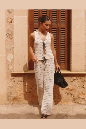 The Frolic Pantalones playeros color de pernera ancha con ribete de hilo en contraste de croché exclusivos de x Lydia Kara (parte de un conjunto)-Blanco