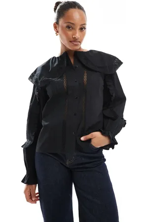 ASOS Camisa negra con solapas grandes e insertos bordados y de encaje de