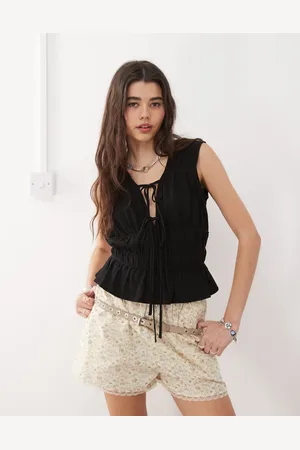 Reclaimed Top fruncido con lazada delantera de mezcla de lino de