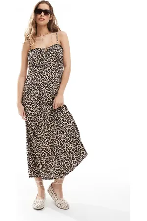 ONLY Vestido midi de tirantes con estampado de leopardo de -Marrón