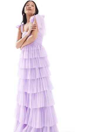 Lace & Beads Vestido de dama de honor largo con lazos en los hombros de tul de -Morado