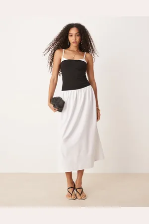 ASOS Vestido largo blanco con cintura entallada y diseño monocromático de mezcla de popelina de