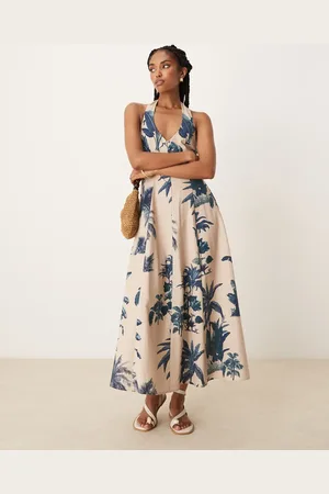 ASOS Vestido midi con cuello halter, y godets en el bajo de -Multicolor
