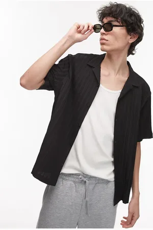 Topman Camisa negra plisada de manga corta de tejido texturizado de