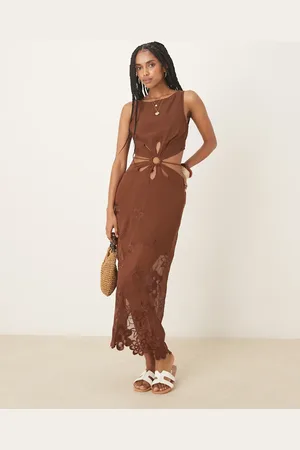 ASOS Vestido largo marrón con abertura y patrón floral bordado de