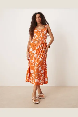 ASOS Vestido midi naranja con estampado floral blanco y escote corazón de tejido rugoso de -Multicolor