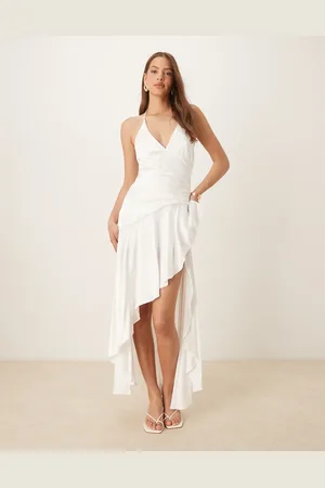 Bardot Vestido semilargo blanco asimétrico con cuello halter de