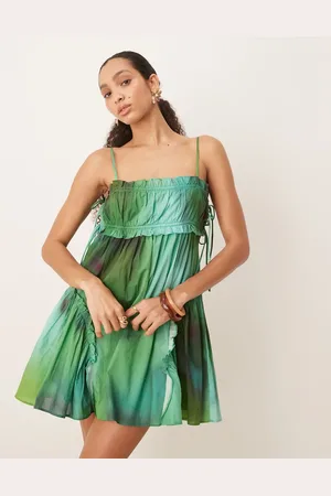 ASOS Vestido corto verde de estilo babydoll con estampado difuminado y volante en el bajo de -Multicolor