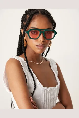 ASOS Gafas de sol color cerceta oscuro angulares de estilo aviador con lentes rosas de -Azul