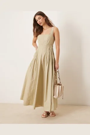 ASOS Vestido midi color arcilla con cuello ancho y cintura plisada de -Neutro