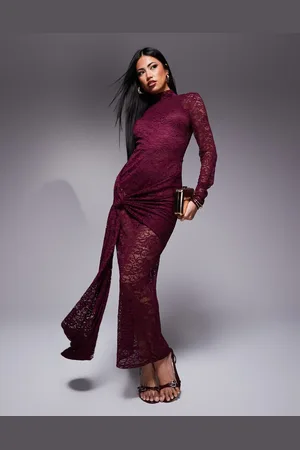 ASOS Vestido midi de manga larga con espalda abierta y detalle cruzado anudado de encaje de -Rojo