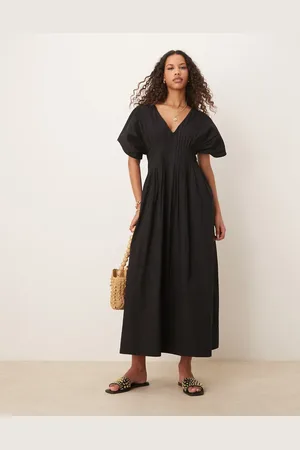 ASOS Vestido midi de manga corta con cuello de pico y jaretas estrechas de
