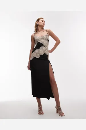 Topshop Vestido lencero midi con insertos de rafia en contraste de