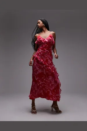 Topshop Vestido lencero midi con estampado floral abstracto y volantes de
