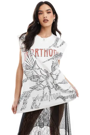 ASOS Camiseta blanca extragrande sin mangas con estampado gráfico con pedrería de