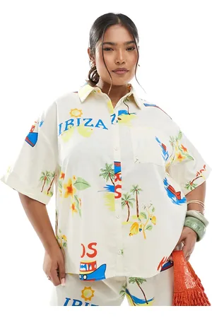 Pieces® Camisa color crema de corte cuadrado con estampado variado de Pieces Curve (parte de un conjunto)-Amarillo