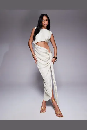 ASOS Vestido midi color metalizado con diseño plisado y detalle de ribete angular en la cintura de -Blanco