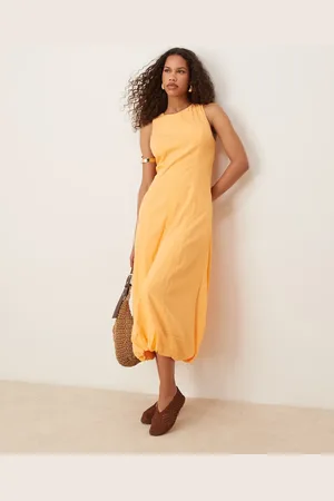 MANGO Vestido midi papaya con bajo drapeado de