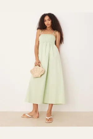 ASOS Vestido midi con pecho fruncido de popelina de algodón de