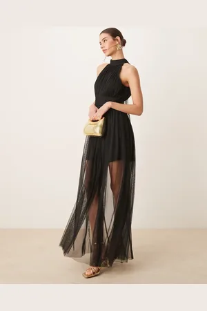 Lace & Beads Vestido largo con cuello halter y falda de tul transparente de