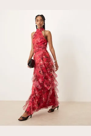 Lace & Beads Vestido semilargo rojo con estampado floral extragrande, cuello halter y volantes de
