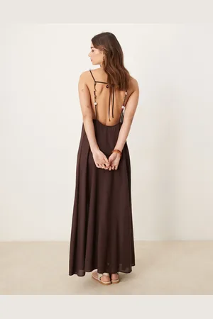 ASOS Vestido playero largo con detalle de cuentas en la espalda de mezcla de lino Ivy de