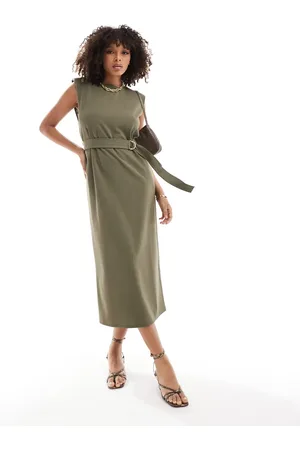 ASOS Vestido midi sin mangas con hombreras y cinturón de -Verde
