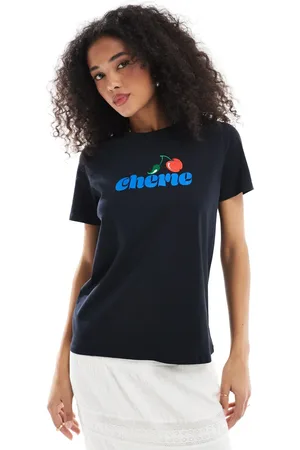 French Connection Camiseta azul marino con estampado de cereza de