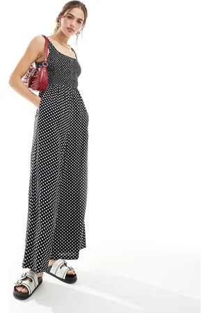 ASOS Mono largo monocromático de pernera ancha con estampado de lunares y cuello ancho de -Multicolor