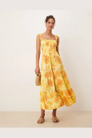 ASOS Vestido midi naranja escalonado y fruncido con estampado floral, escote cuadrado e insertos de encaje de -Multicolor