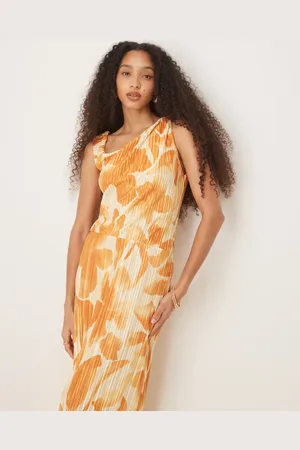 ASOS Vestido midi naranja plisado con estampado floral y hombro caído de -Multicolor