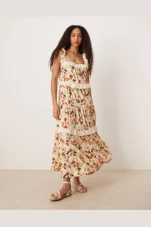 ASOS Vestido largo escalonado con vuelo, estampado floral vintage, volantes e inserto de encaje de -Multicolor