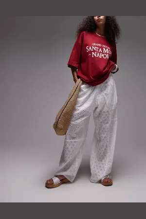 Topshop Pantalones blancos de pernera recta con diseño bordado de