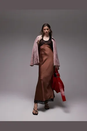 Topshop Vestido lencero marrón con pecho de encaje de