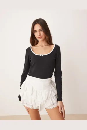 JDY Top acanalado de manga larga con ribete en contraste de -Blanco