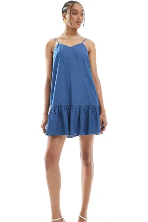 ONLY Vestido corto azul medio con cintura baja de cambray de