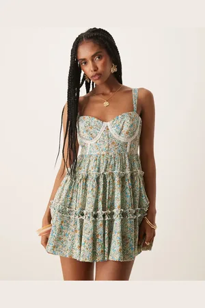 Lace & Beads Vestido corto con estampado de florecitas, cuerpo estilo corsé, volantes y ribete de encaje de -Azul