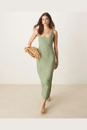 ASOS Vestido largo verde de corte al bies con tirantes retorcidos de tejido efecto lino de