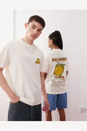 Reclaimed Camiseta blanco hueso unisex de corte cuadrado con estampado gráfico de limón de