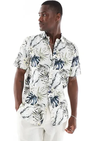 JACK & JONES Camisa color crema de manga corta con estampado hawaiano de -Blanco