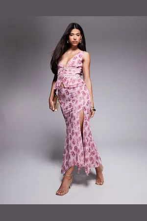 Princess Polly Falda larga con estampado floral y de cachemir y bajo asimétrico de chifón de (parte de un conjunto)-Morado