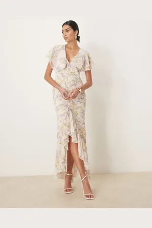 ASOS Vestido largo con estampado floral de glicinias, mangas fluidas estilo capa y jaretas de -Multicolor