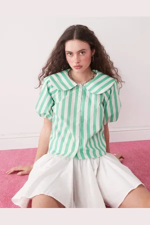 Reclaimed Camisa a rayas verdes veraniegas de manga corta con cuello babero de