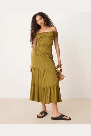 ASOS Vestido largo escalonado de estilo campero con pecho fruncido de