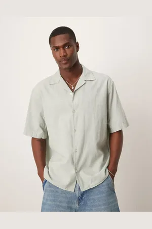 SELECTED Camisa verde con cuello de solapas de mezcla de lino de