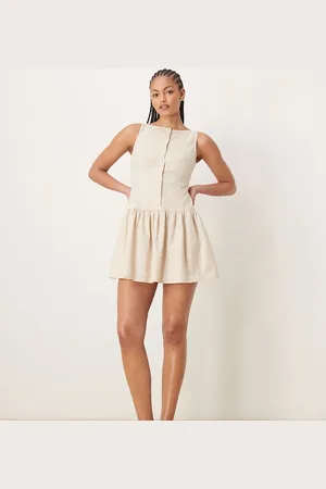 ASOS Vestido corto color con cintura baja, cuello barco y botones de ASOS DESIGN Tall-Marrón