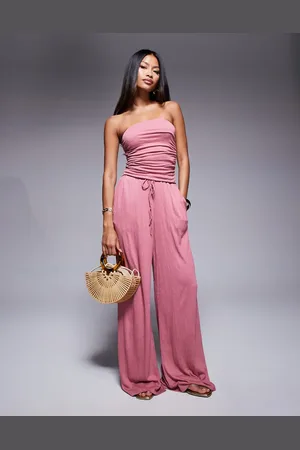 ASOS Pantalones rosa empolvado de pernera ancha con lazada en la cintura de tejido rugoso de (parte de un conjunto)